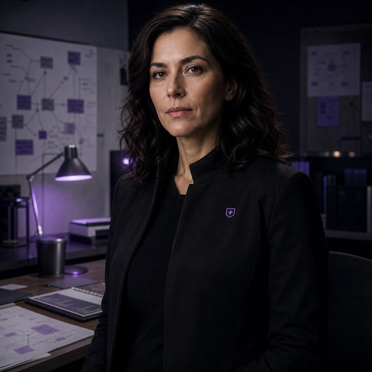 Daphne in a grounded security review room, wearing her desktop shield mark